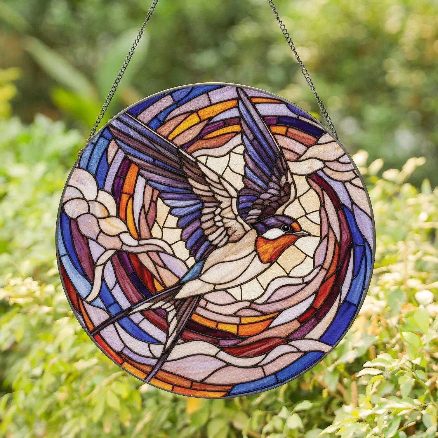 Stained Glass Swallow Bird Dynamic Flight - Tiffany Style Jewel Tones Sky Mosaic Art Stained Glass Suncatcher - 1