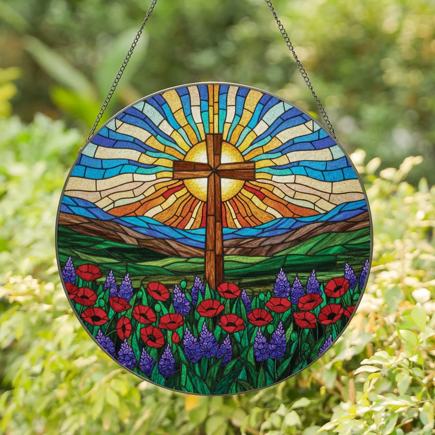 Brown Cross Radiant Sun Tiffany Style Stained Glass Mountain Poppies Flowers Stained Glass Suncatcher - 1