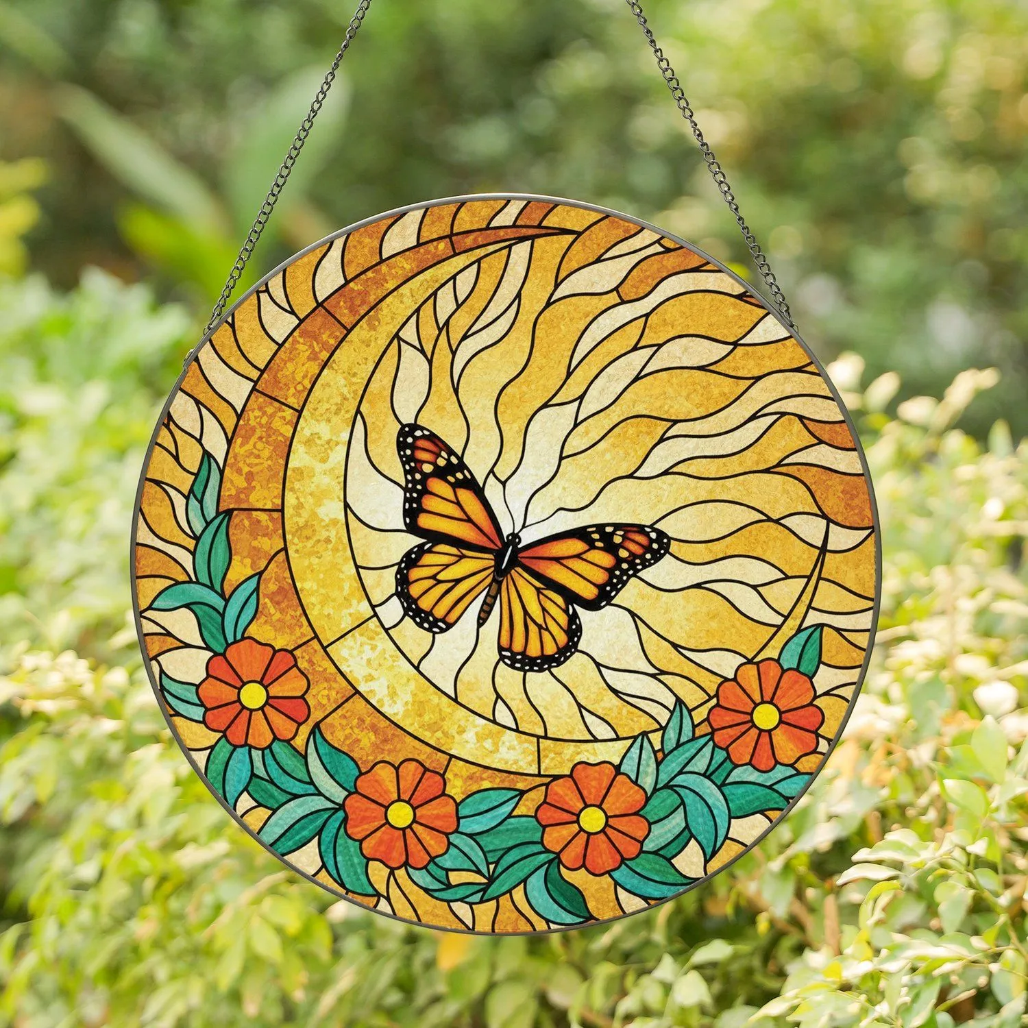 Golden Crescent Moon Monarch Butterfly Tiffany Style Stained Glass Window Art Floral Decor Stained Glass Suncatcher - 1