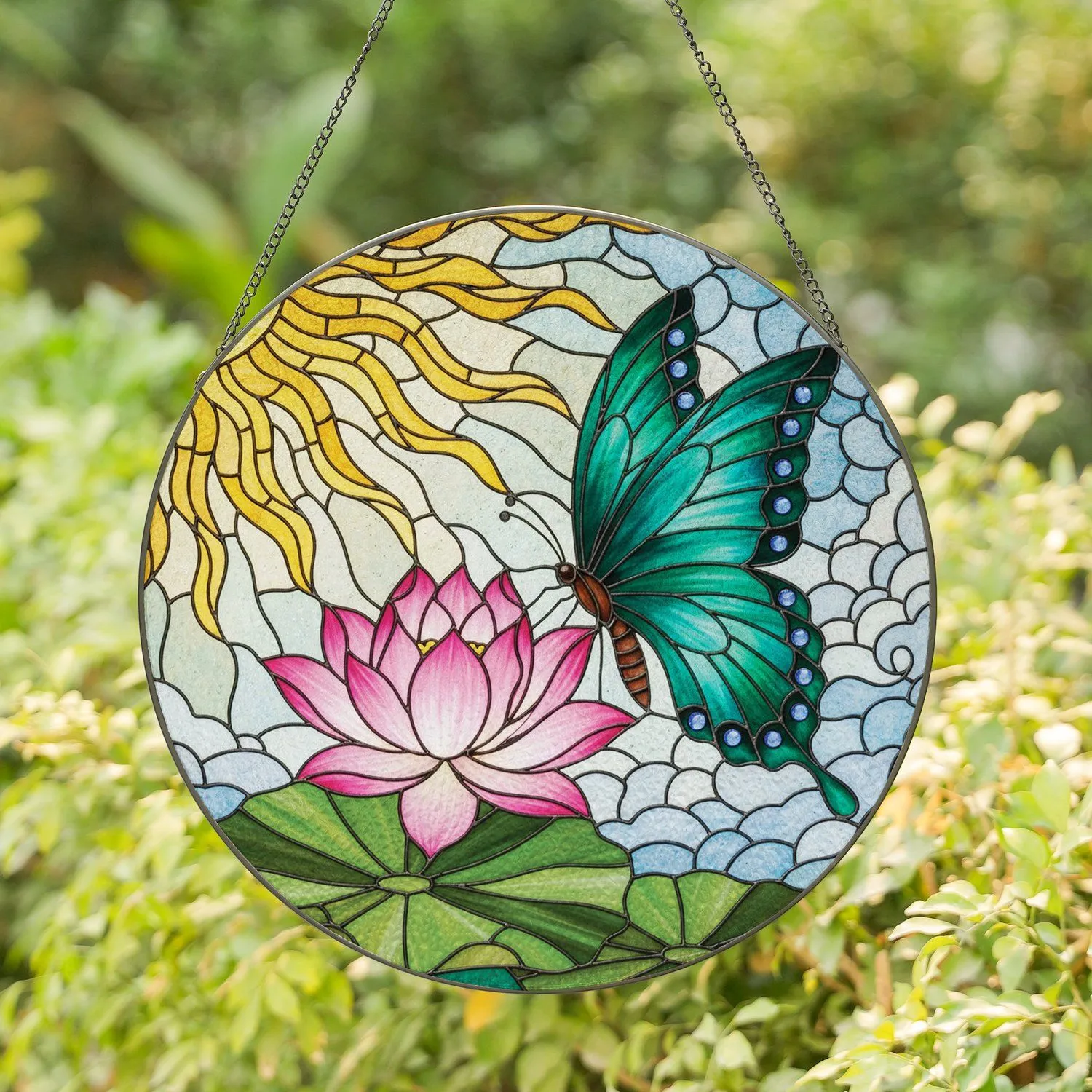 Stained Glass Butterfly Lotus Flower Sun Teal Pink - Tiffany Jewel Tone Mosaic Sky Stained Glass Suncatcher - 1