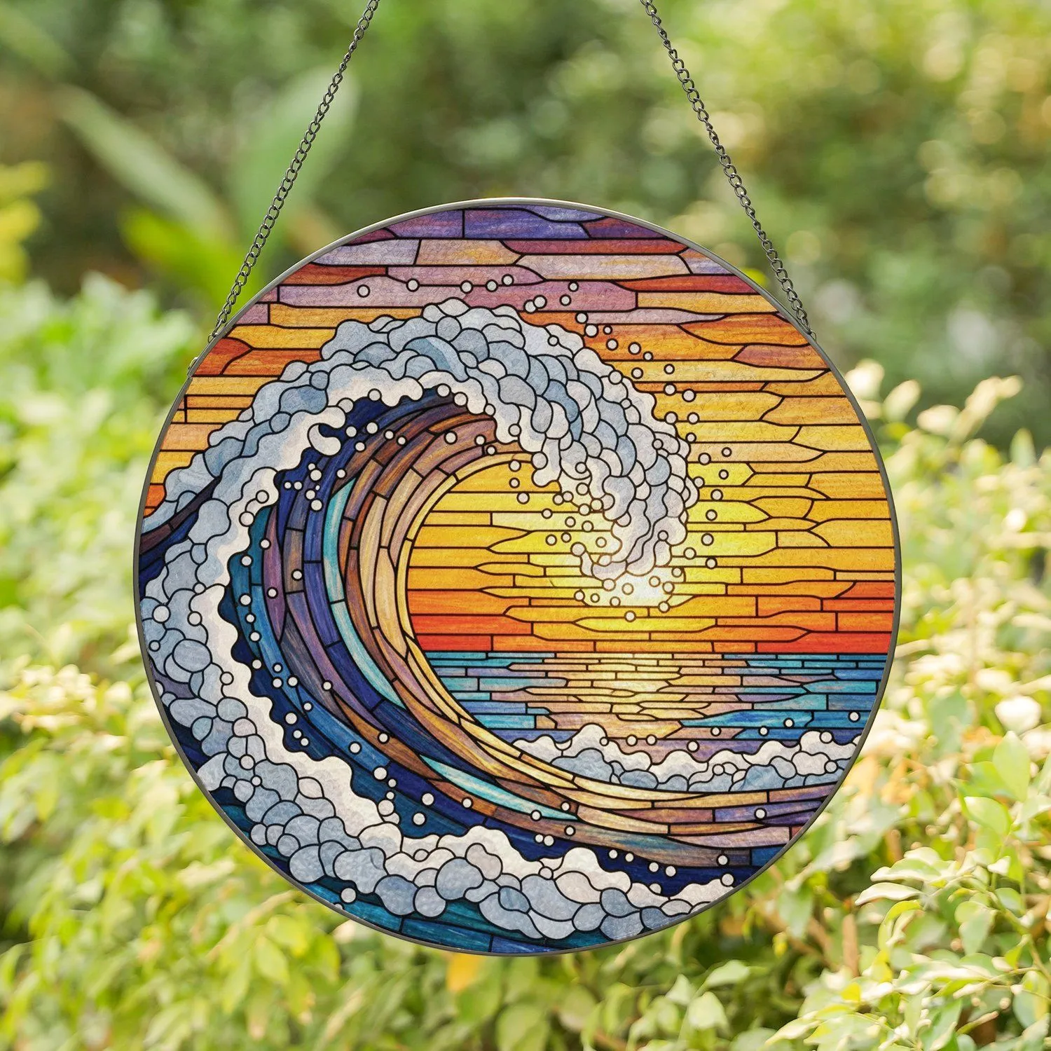 Ocean Wave Stained Glass Sunset Sky Tiffany Mosaic Art - Jewel Tone Window Decor Stained Glass Suncatcher - 1