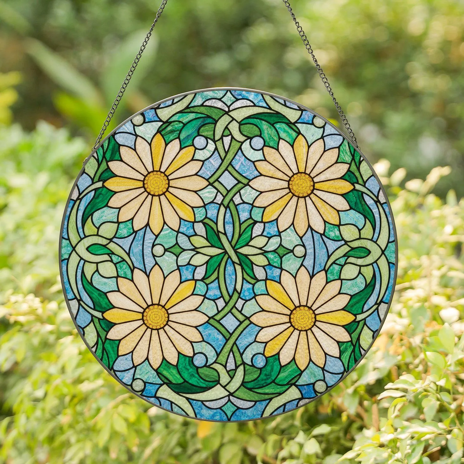 Tiffany Stained Glass Four Daisies & Green Leaves - Iridescent Mosaic Style Stained Glass Suncatcher - 1