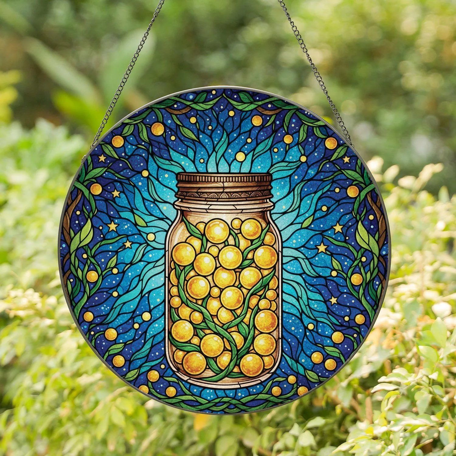 Tiffany Stained Glass Mason Jar Glowing Orbs Celestial Night Sky Green Vines Jewel Tones Stained Glass Suncatcher - 1