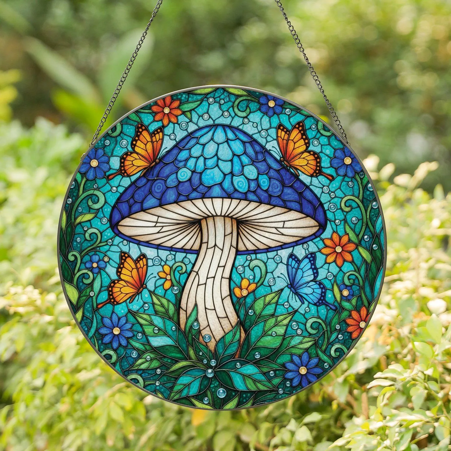 Blue Mushroom Orange Butterflies Fantastical Forest Tiffany Stained Glass Jewel Tones Stained Glass Suncatcher - 1