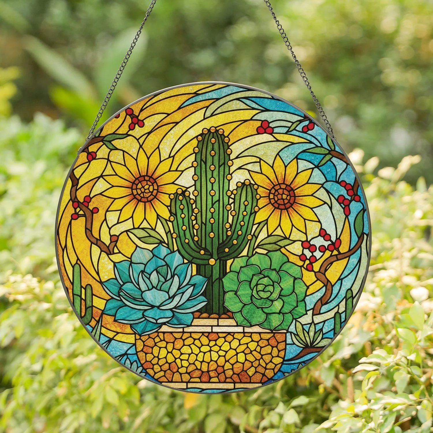 Potted Cactus Succulent Sunflower Tiffany Style Stained Glass Art - Desert Flora Home Decor Stained Glass Suncatcher - 1