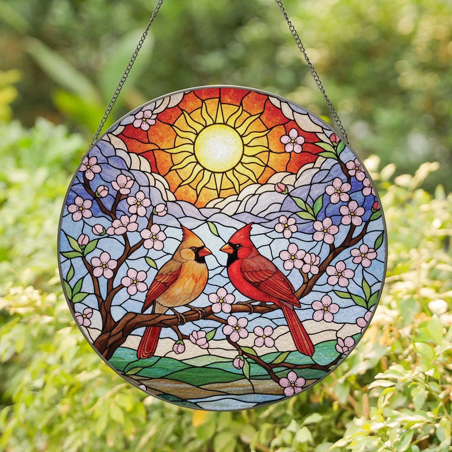 Vibrant Cardinals Cherry Blossoms Radiant Sun - Tiffany Stained Glass Mosaic Home Decor Stained Glass Suncatcher - 1