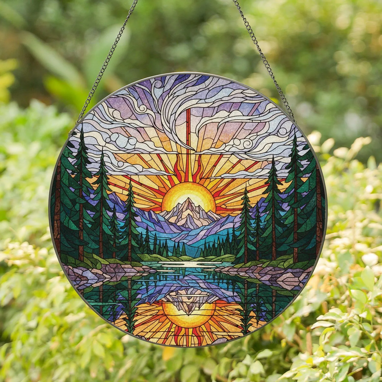 Vibrant Stained Glass Sun Mountain Lake Trees - Scenic Nature Art Home Decor Gift Stained Glass Suncatcher - 1