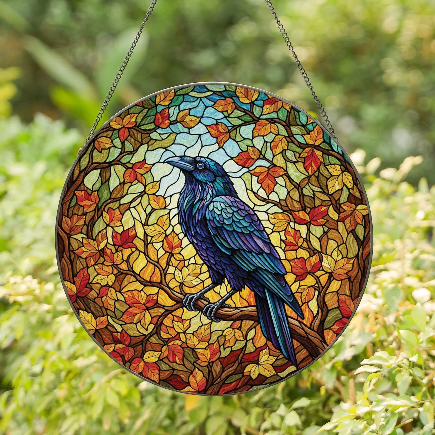 Iridescent Grackle Crow Tiffany Glass Autumn Leaves Forest Canopy Mosaic Jewel Tones Stained Glass Suncatcher - 1