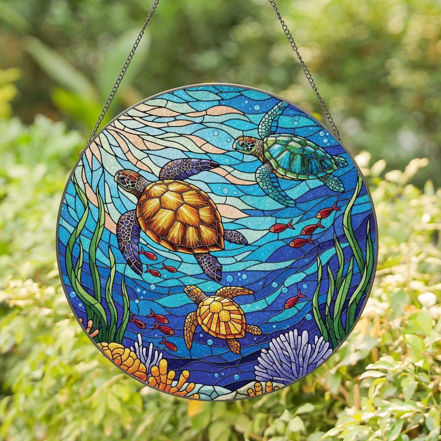 Sea Turtles Reef Fish Coral Ocean Water - Glowing Tiffany Jewel Tone Window Art Stained Glass Suncatcher - 1