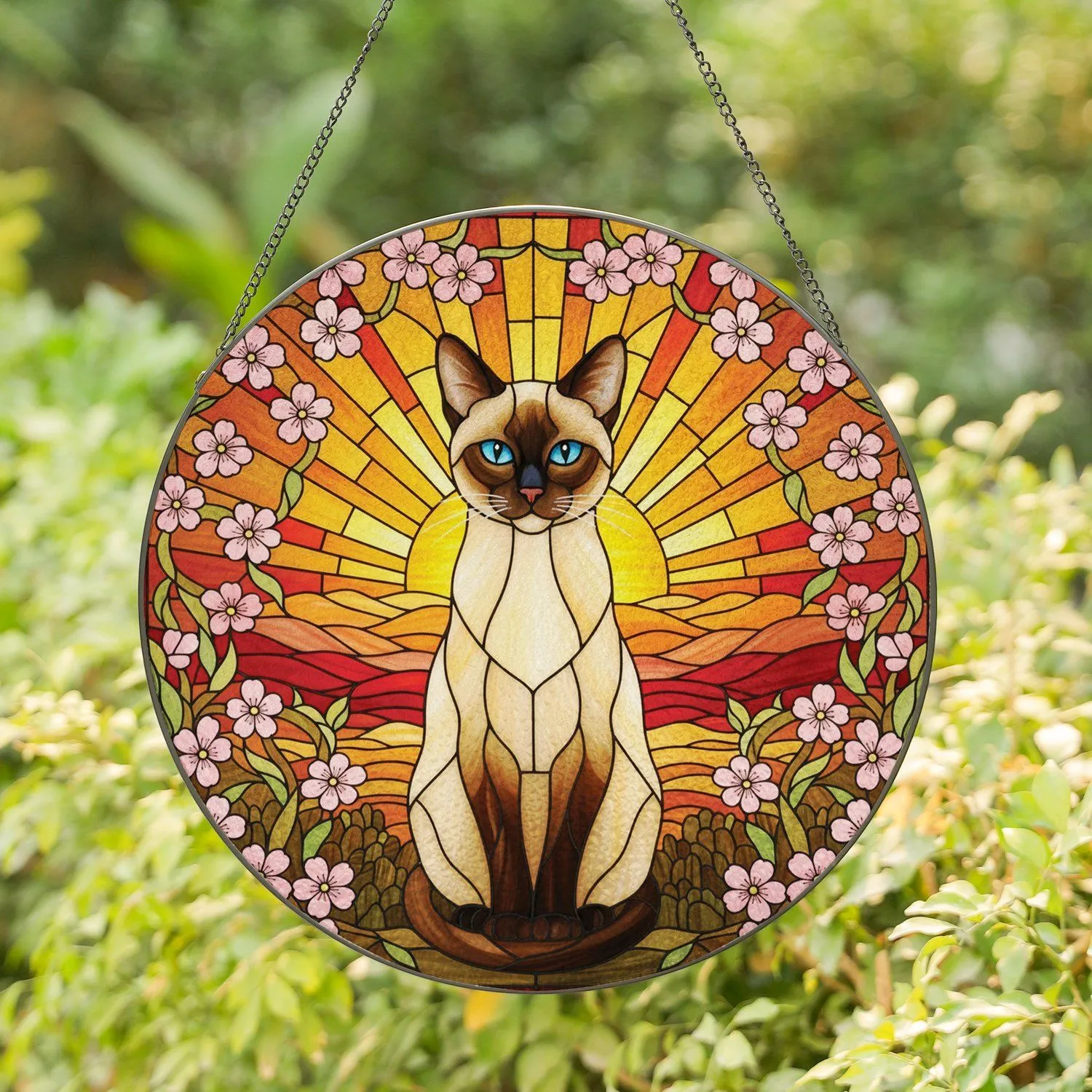 Siamese Cat Pink Cherry Blossom Stained Glass Mosaic Art Radiant Sunset Landscape Stained Glass Suncatcher - 1