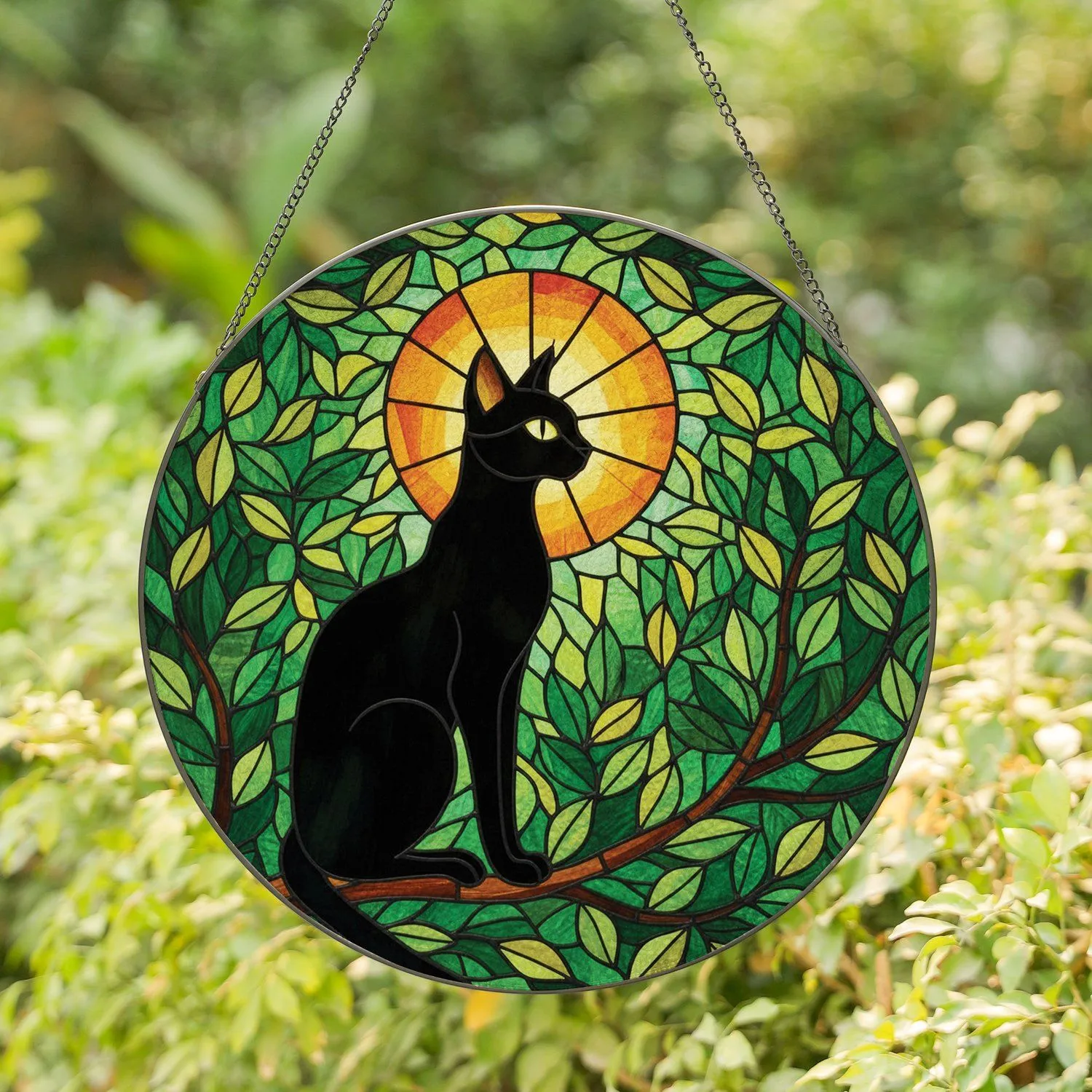 Black Cat Full Moon Stained Glass Tiffany Art - Intricate Green Foliage Cat Lover Gift Stained Glass Suncatcher - 1