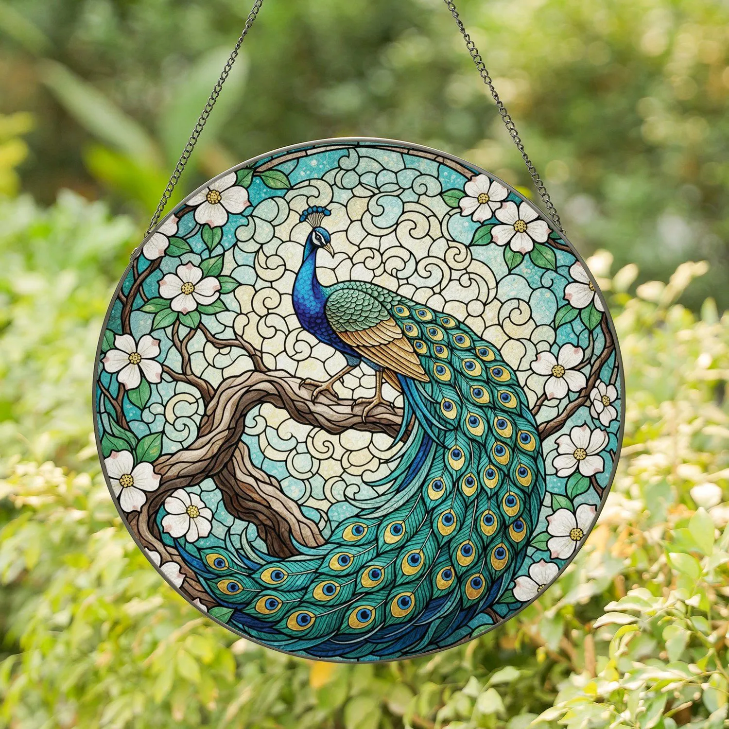Tiffany Style Stained Glass Peacock Dogwood Flowers - Glowing Jewel Tone Intricate Art Stained Glass Suncatcher - 1