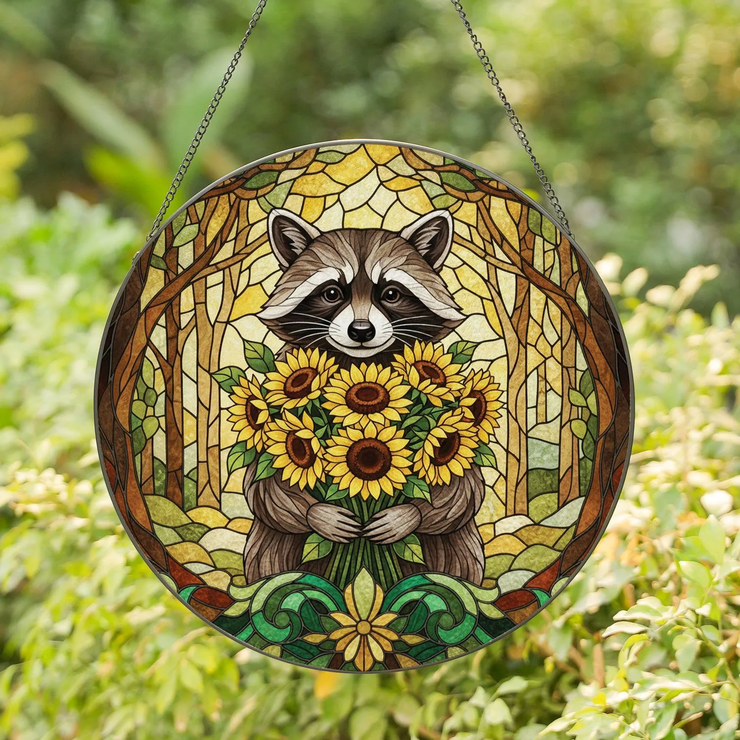Friendly Raccoon Sunflowers Tiffany Stained Glass Art Mosaic Forest Jewel Tones Stained Glass Suncatcher - 1