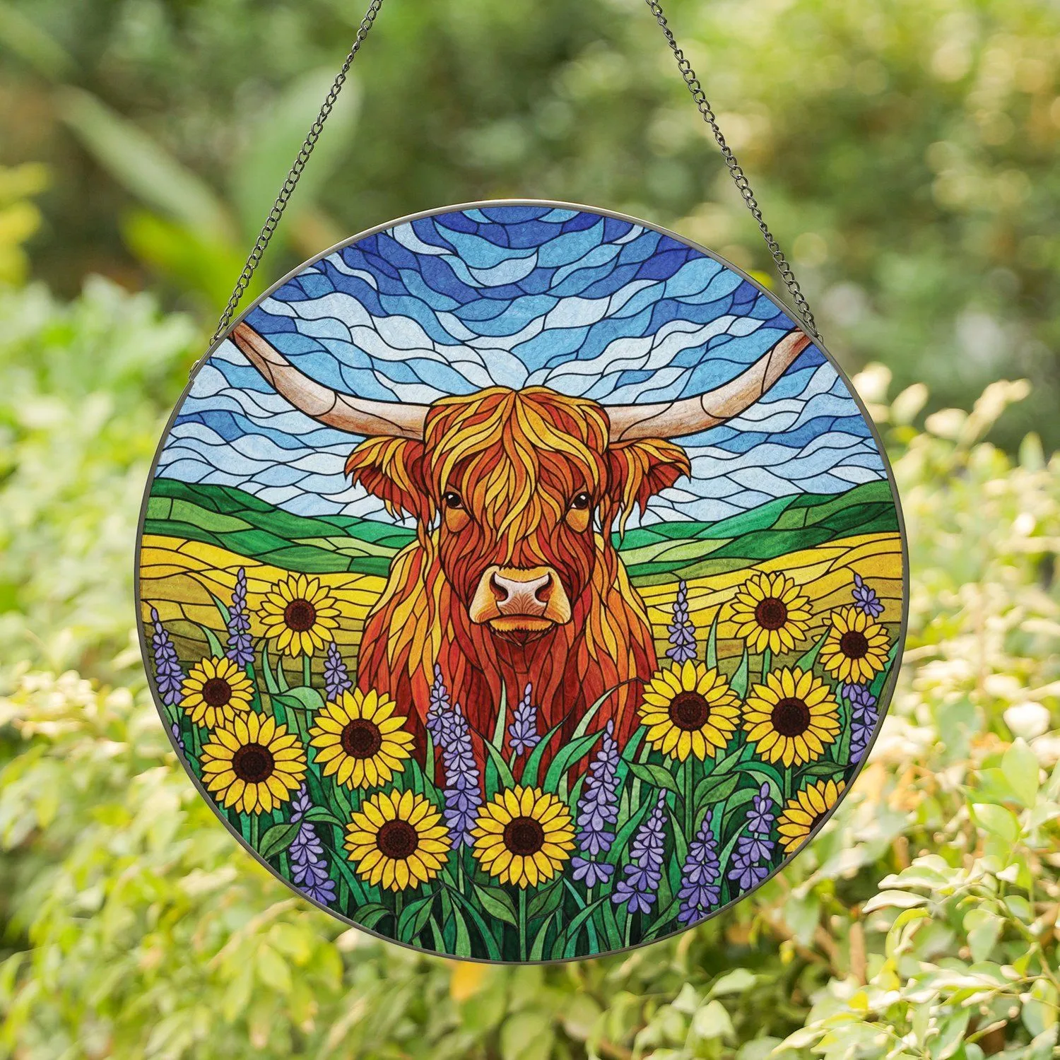 Highland Cow Sunflowers Purple Wildflowers Rolling Hills Tiffany Stained Glass Gift Stained Glass Suncatcher - 1