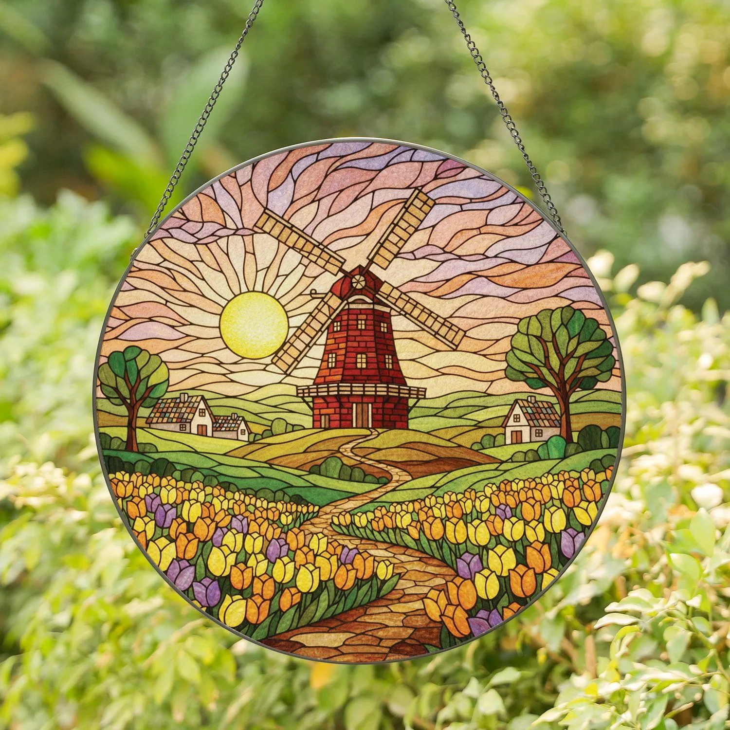 Colorful Dutch Windmill Tulip Fields European Cottages Rolling Hills Scenic Sunset Sky Stained Glass Suncatcher - 1