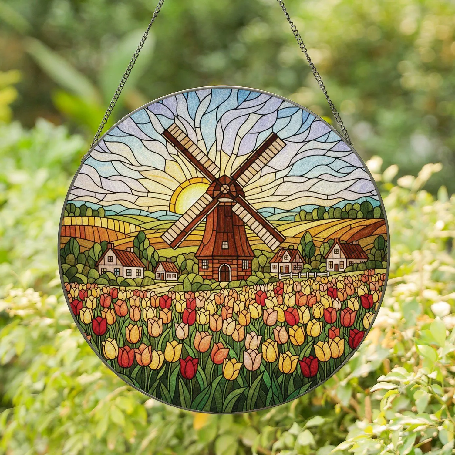 Dutch Windmill Blooming Tulips Houses Rolling Hills Fertile Fields Sunset Landscape Stained Glass Suncatcher - 1