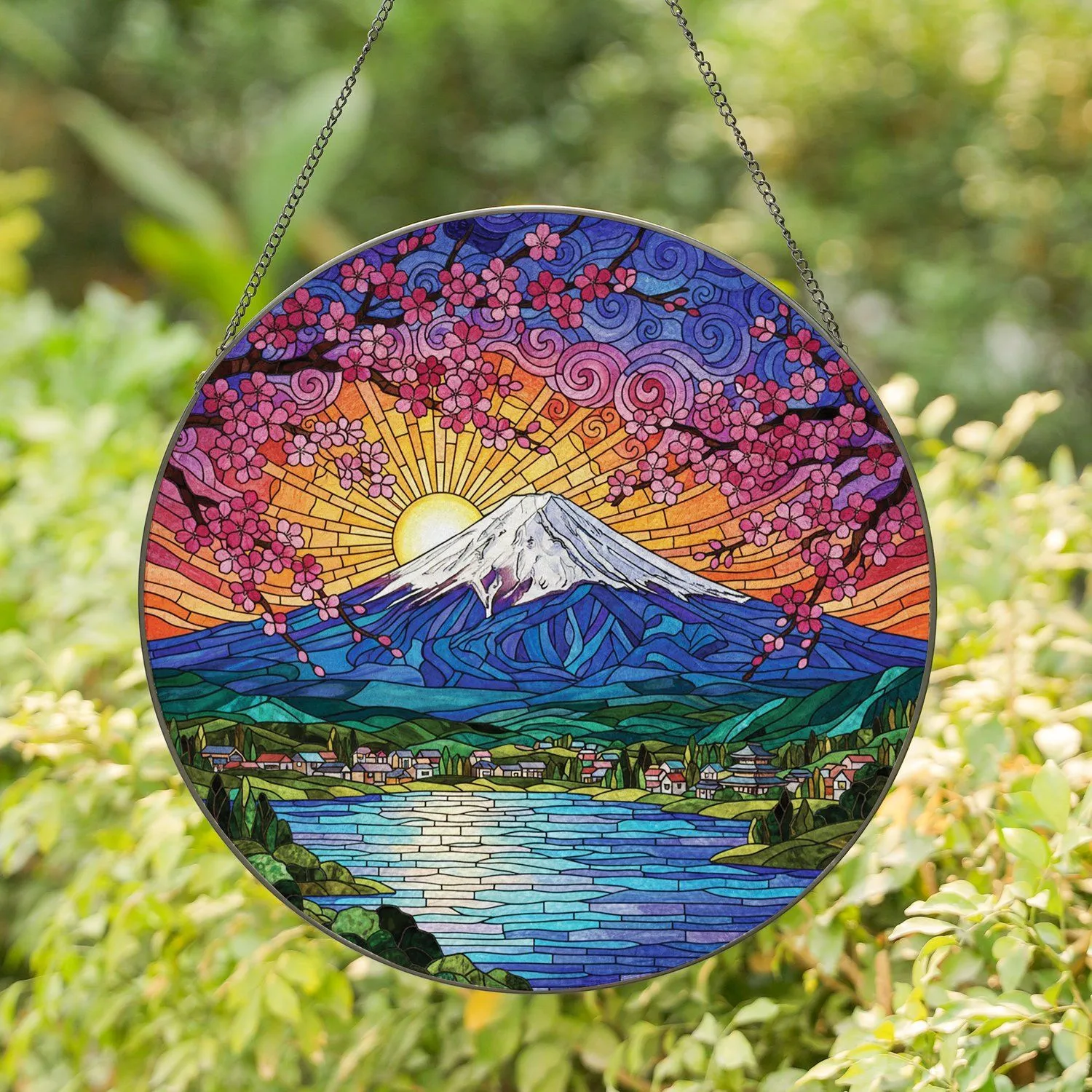 Mount Fuji Japanese Landscape Village Lake Tiffany Style Stained Glass Art Cherry Blossom Stained Glass Suncatcher - 1