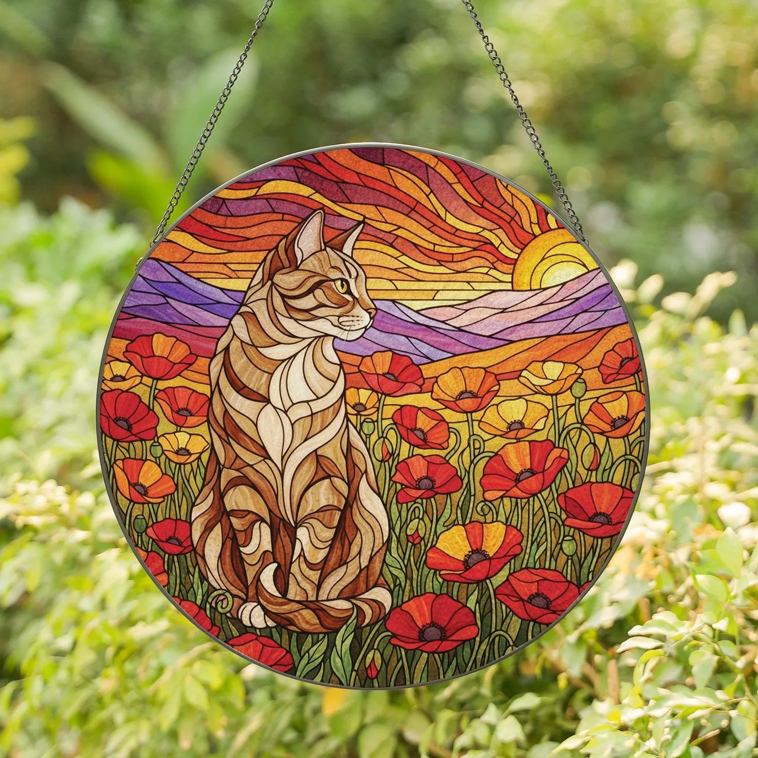 Tabby Cat Poppy Flowers Sunset Mountain Landscape - Stained Glass Mosaic Art Stained Glass Suncatcher - 1