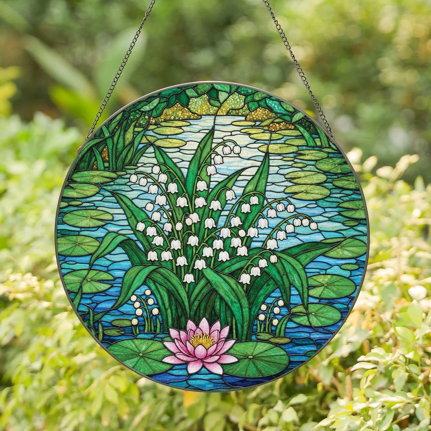 White Lily of the Valley Pink Water Lily Pond Garden Flowering Tiffany Glass Art Stained Glass Suncatcher - 1