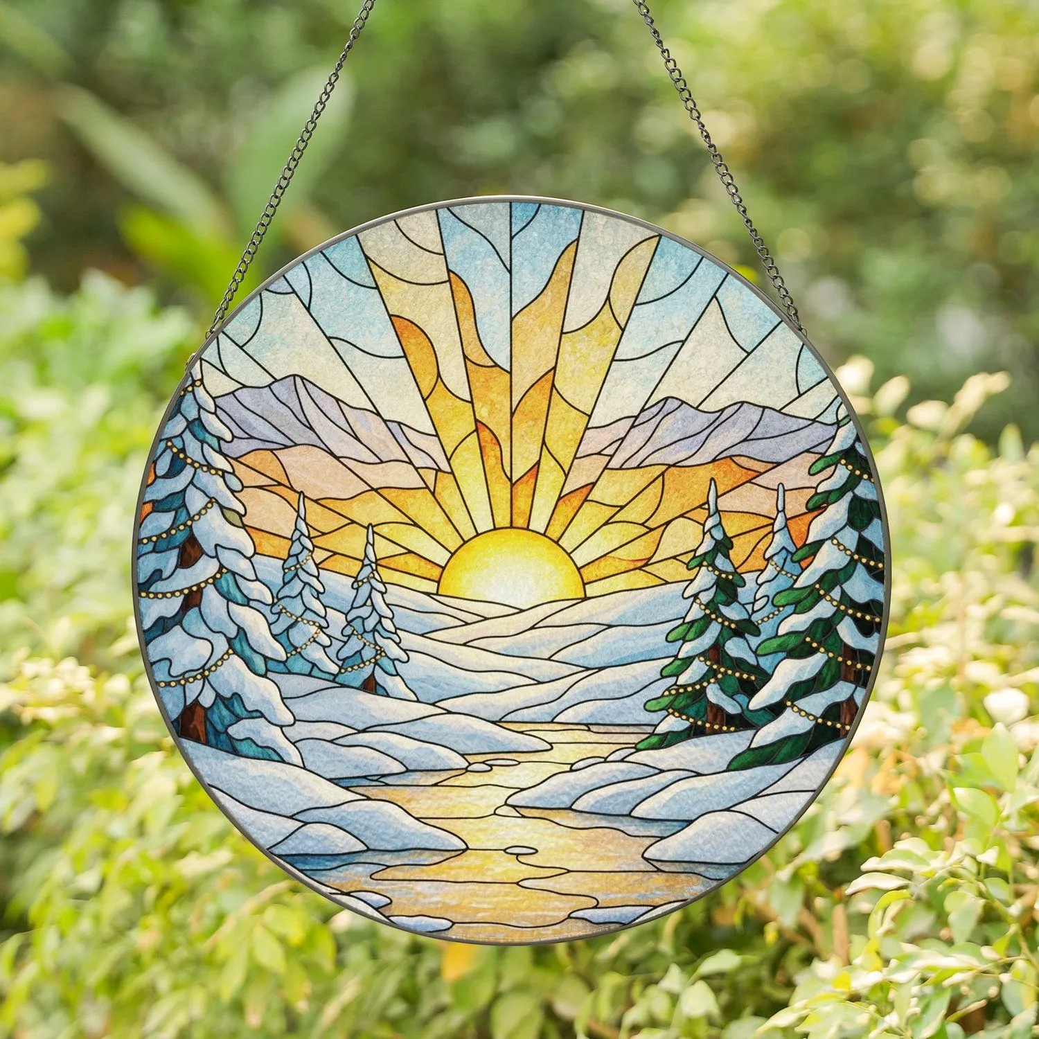 Winter Mountain Sun, Snow Pine Trees, Frozen River Landscape - Christmas Holiday Gift Stained Glass Suncatcher - 1