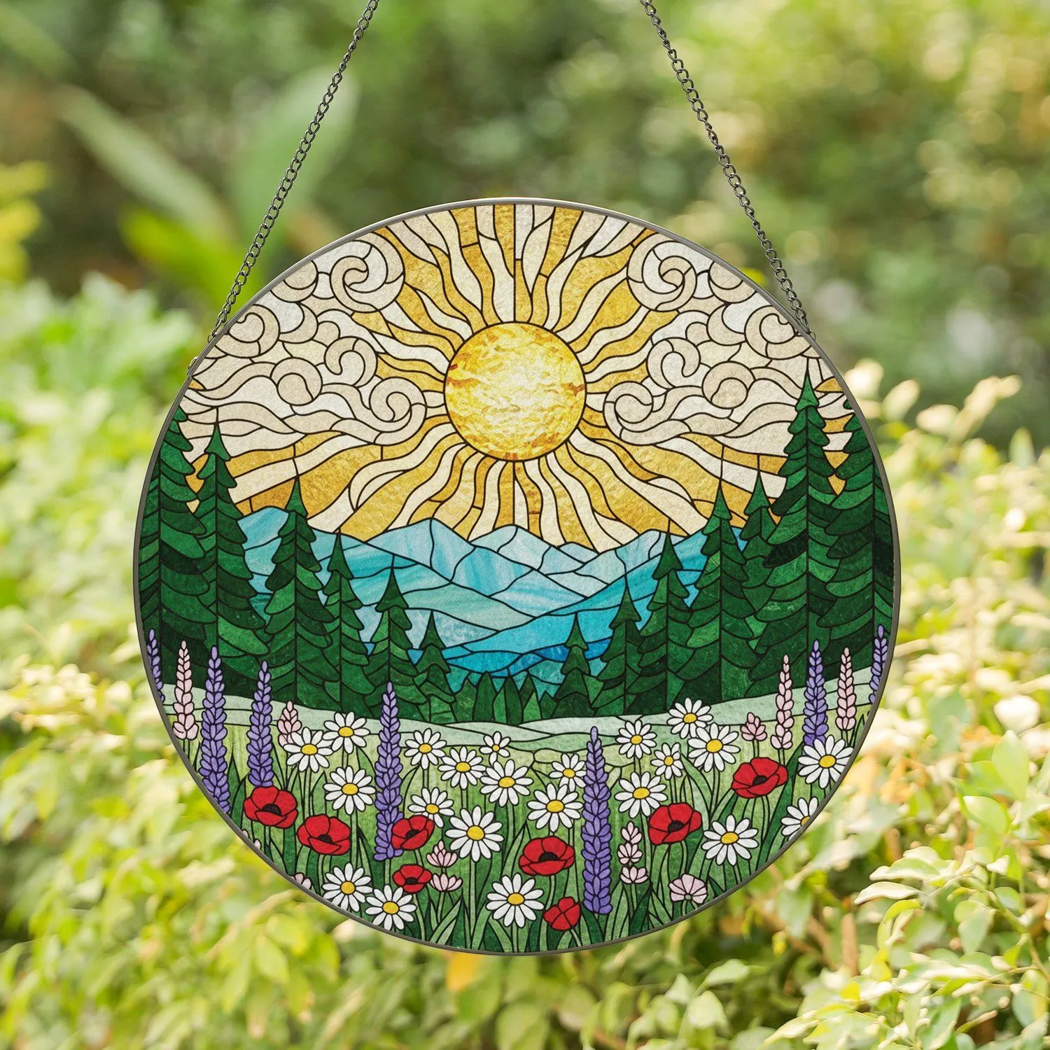 Golden Sun Stained Glass Mountains Forest Meadow Poppies Daisies Lupines Wildflowers Stained Glass Suncatcher - 1
