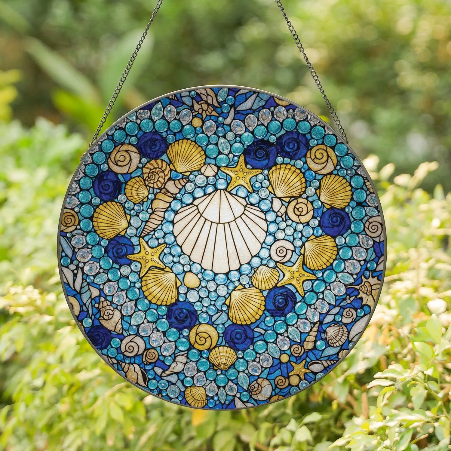 Luminous Scallop Shell Heart Mosaic - Golden Starfish Stained Glass Ocean Art Stained Glass Suncatcher - 1
