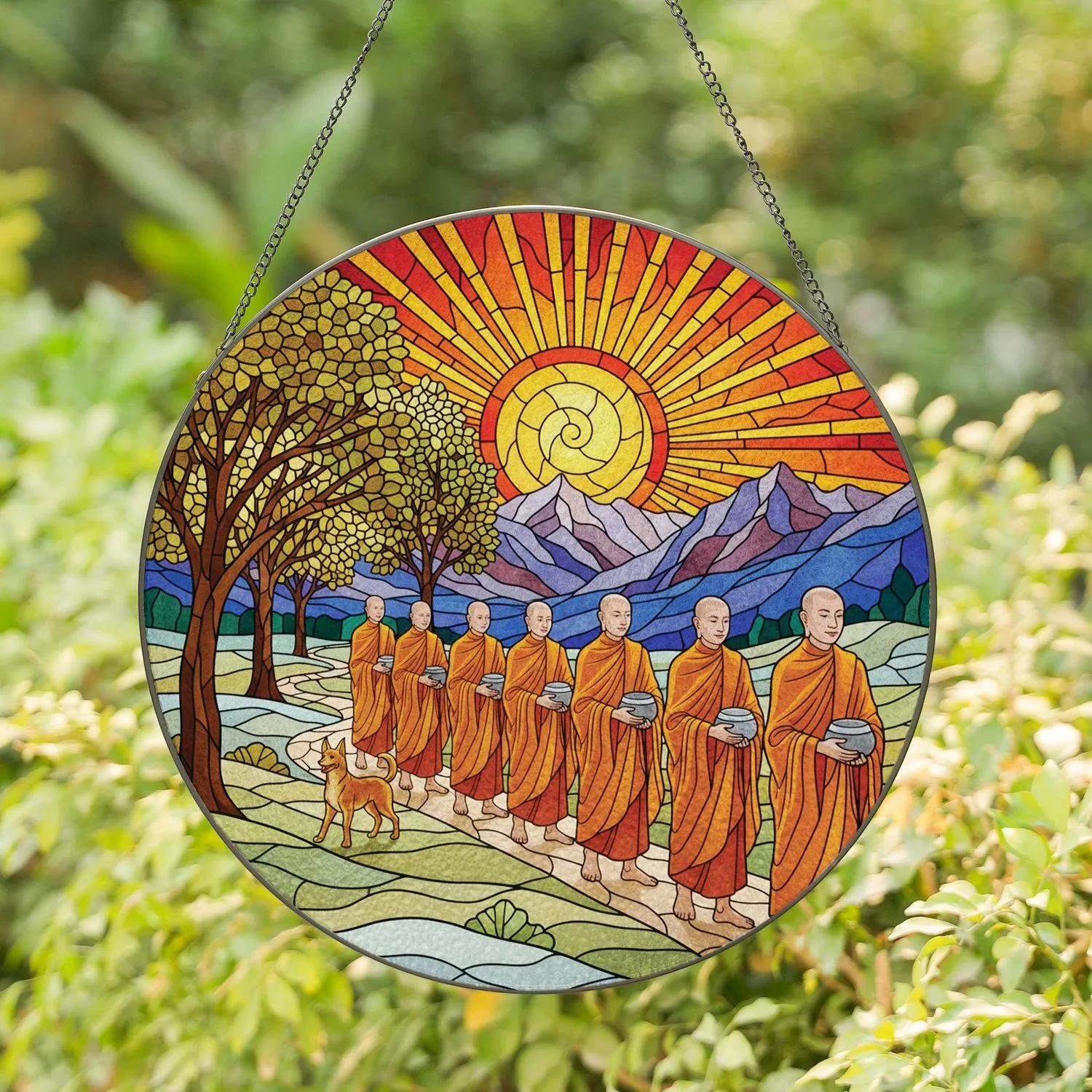 Saffron Buddhist Monks Dog Procession Winding Path Tiffany Style Radiant Sunset Mountains Stained Glass Suncatcher - 1