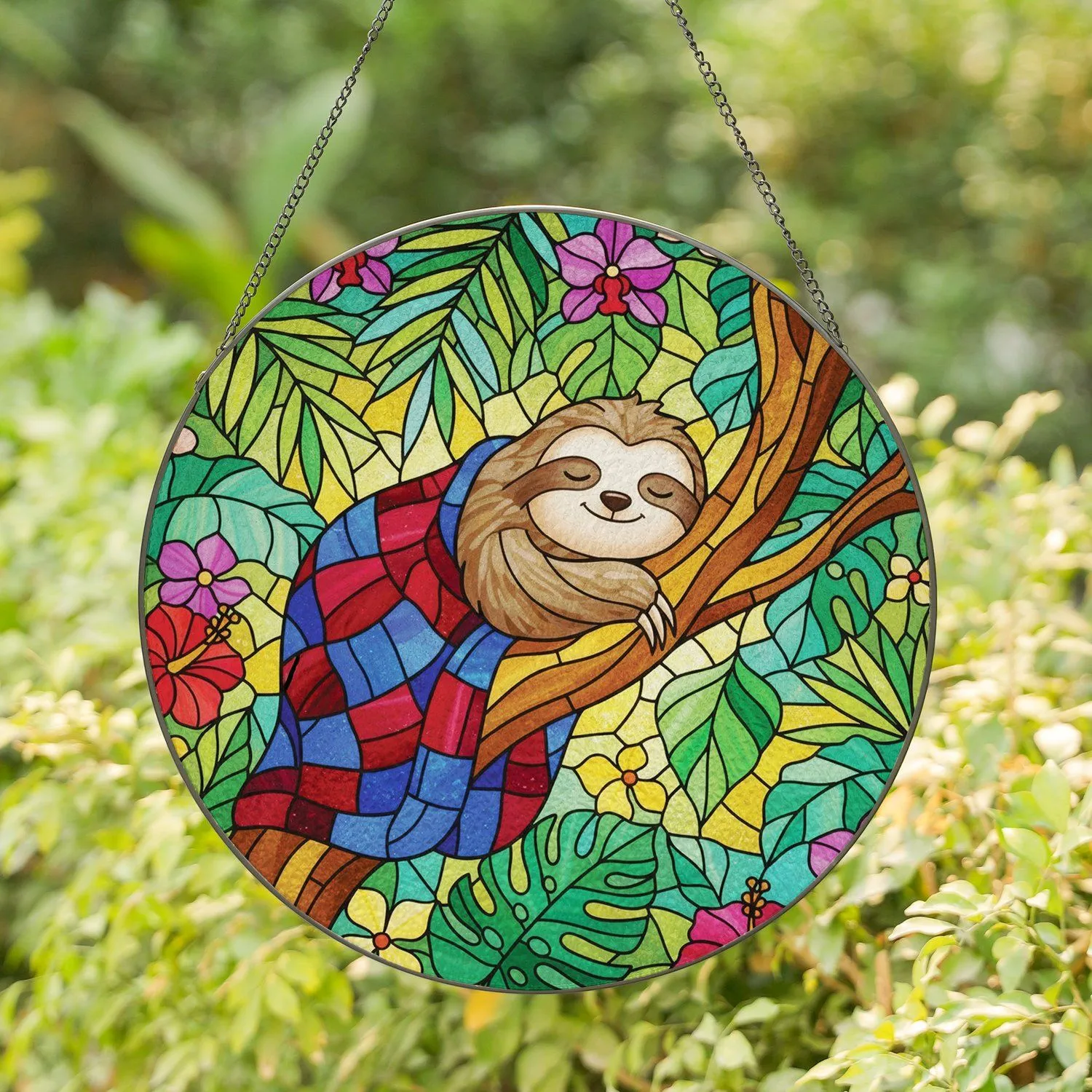Cartoon Sloth Sleeping Stained Glass - Tiffany Style Jungle Foliage Animal Art Gift Stained Glass Suncatcher - 1