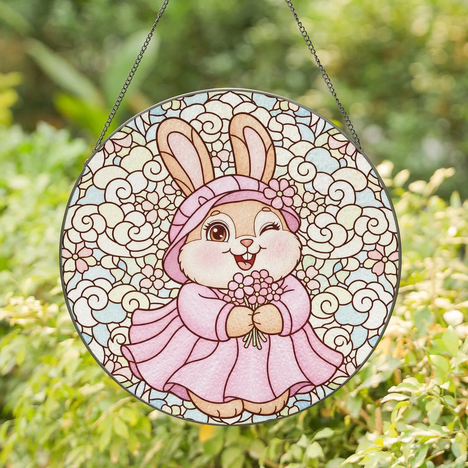 Chubby Bunny Stained Glass Art - Pink Flowers Spring Bonnet Winking Eyes Window Panel Stained Glass Suncatcher - 1