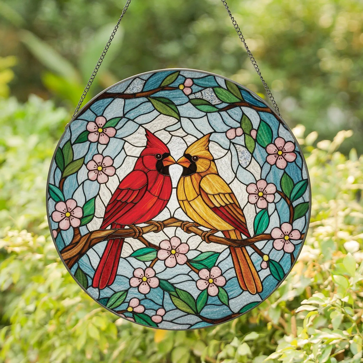 Stained Glass Red Golden Cardinals Nuzzling Tree Branch - Tiffany Style Mosaic Stained Glass Suncatcher - 1