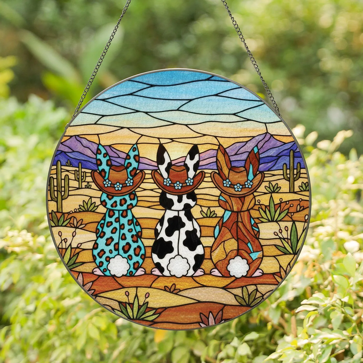 Three Bunny Cowboy Hat Stained Glass Art - Leopard Cow Print Western Plains Decor Stained Glass Suncatcher - 1