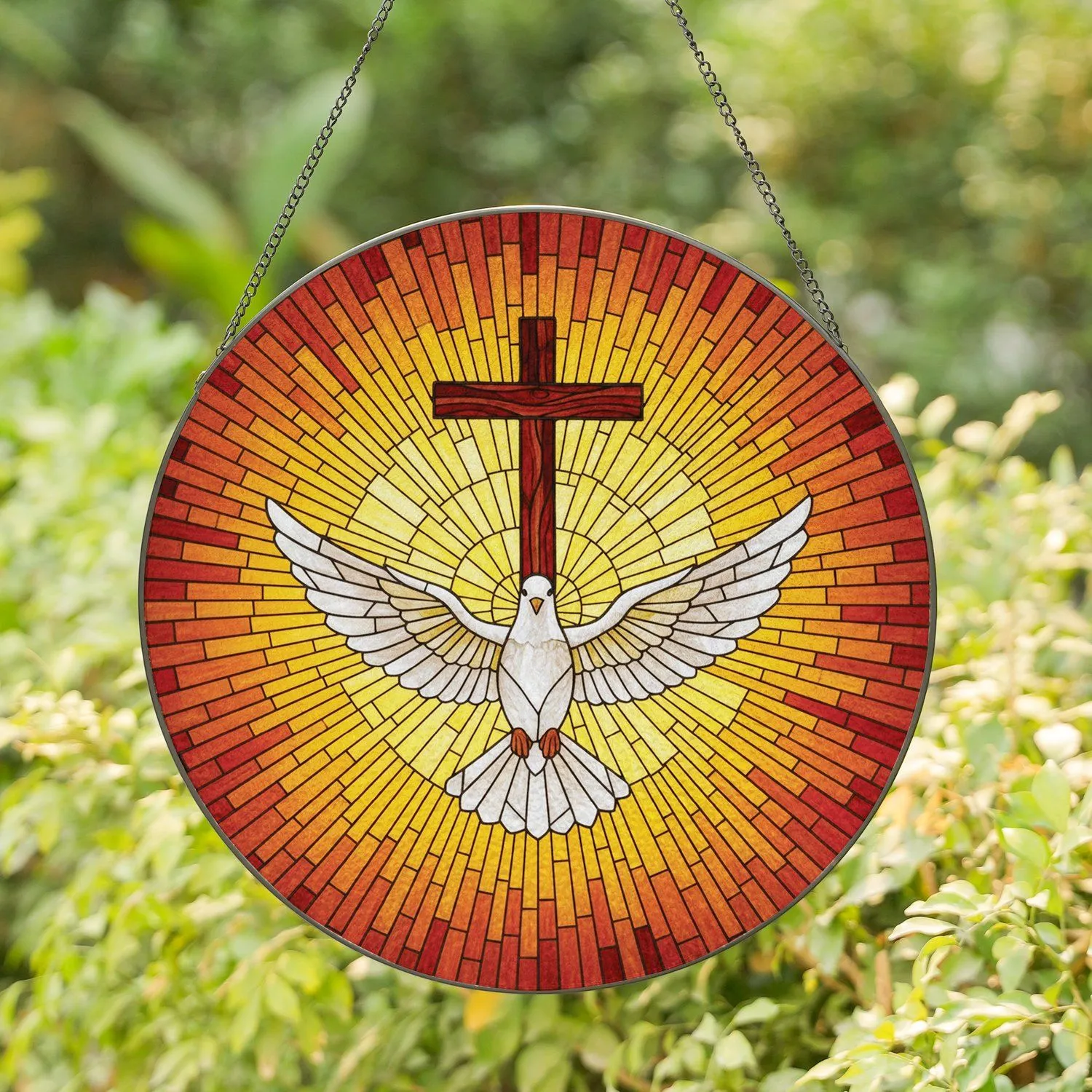 White Dove Rustic Cross Descending Stained Glass Light Rays Geometric Mosaic Window Decor Stained Glass Suncatcher - 1