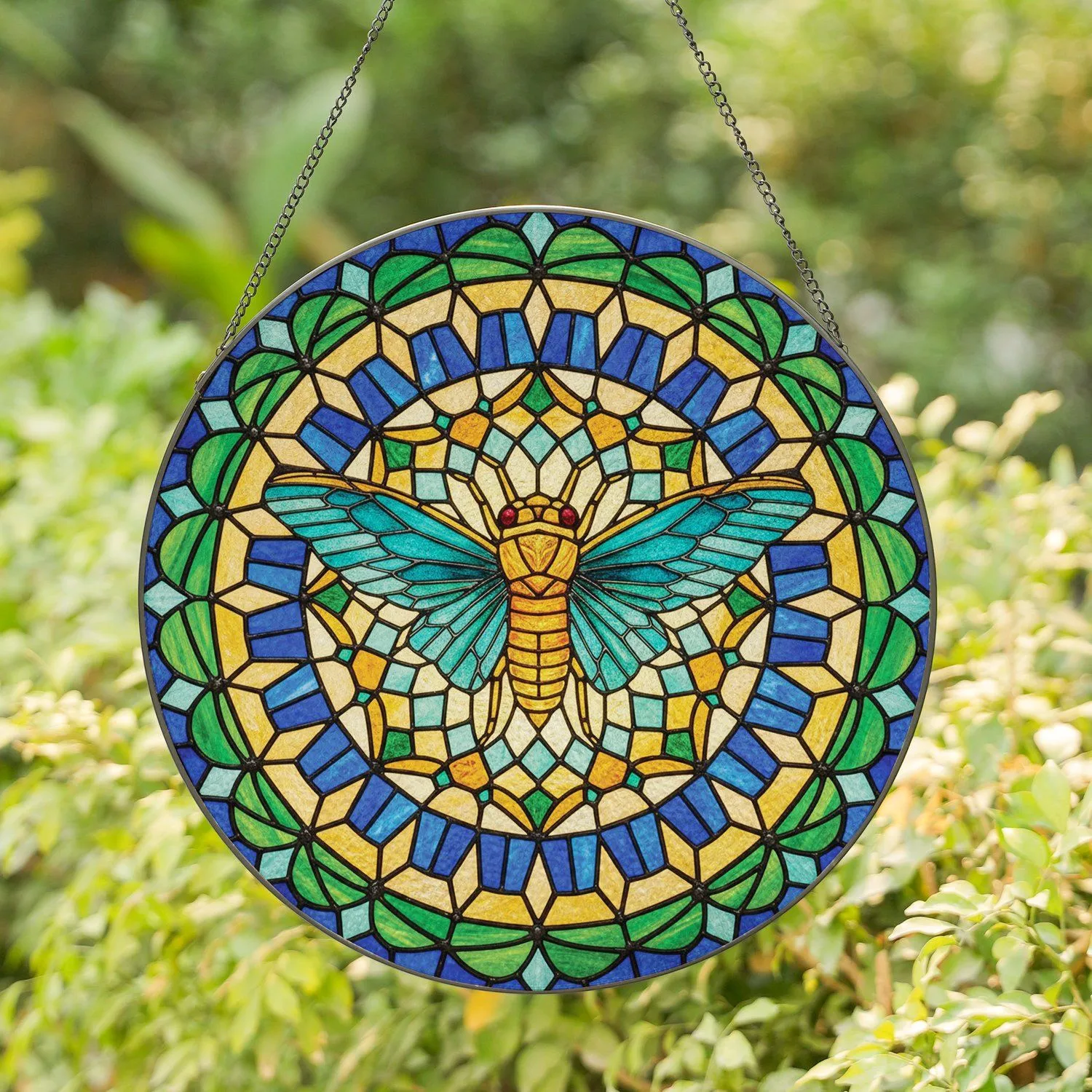 Intricate Cicada Stained Glass Art, Teal Green Gold Amber Jewel Tone Mosaic Border Stained Glass Suncatcher - 1