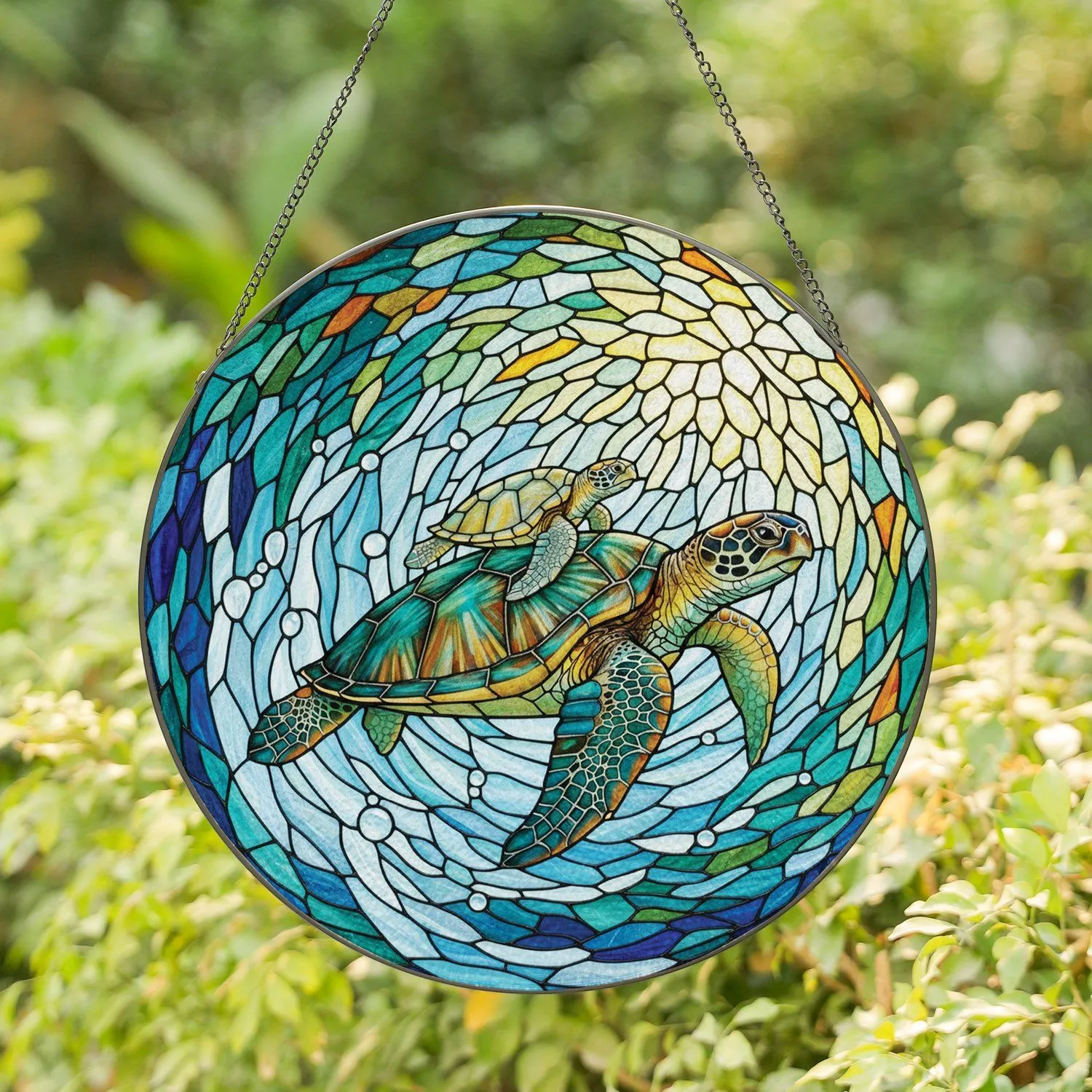 Adult & Baby Sea Turtles Stained Glass - Tiffany Style Underwater Mosaic Art Jewel Tones Stained Glass Suncatcher - 1