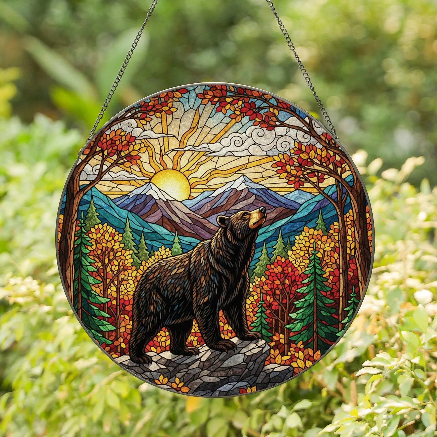 Majestic Black Bear Sky-Gazing Stained Glass Art - Autumn Trees Mountains Sunrays Stained Glass Suncatcher - 1