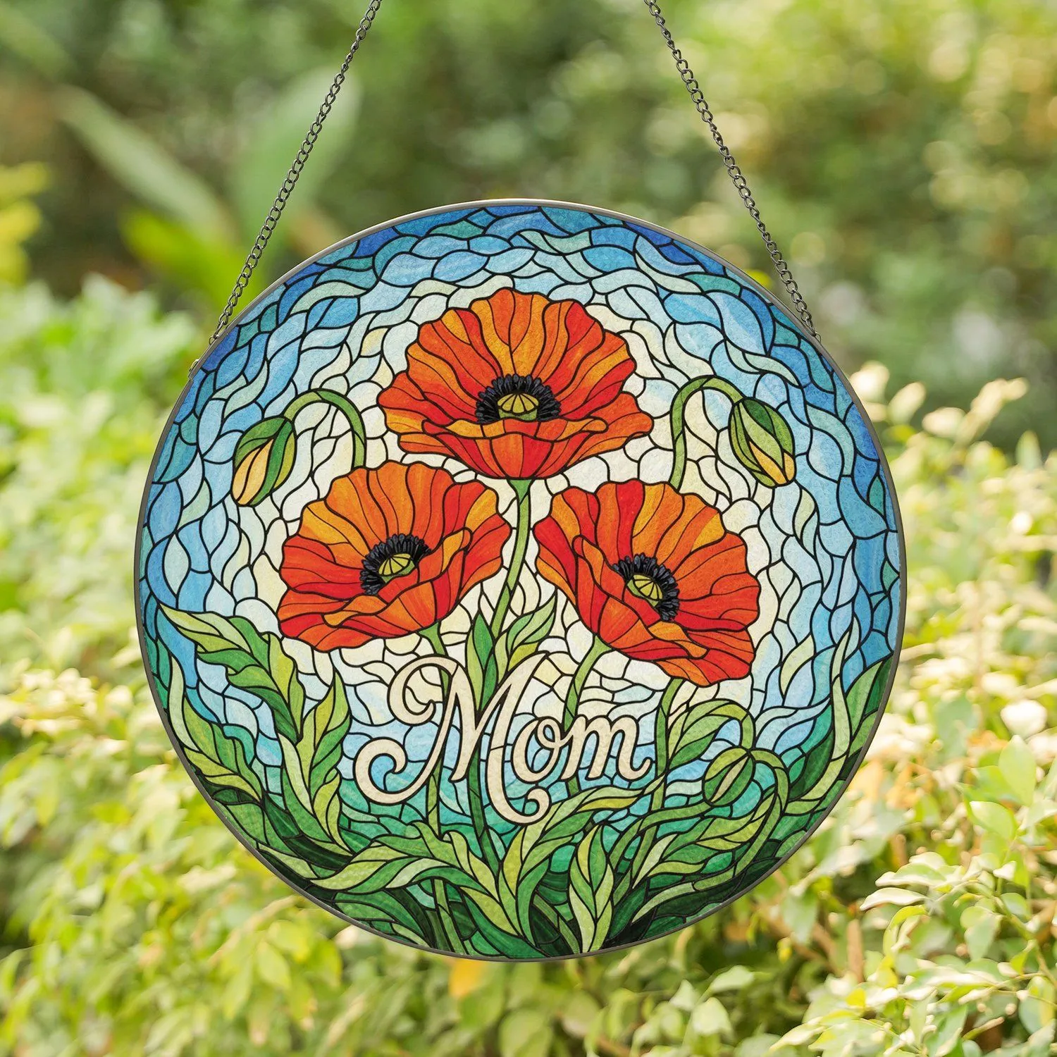 Tiffany Style Jewel Tone Poppy Flowers "Mom" Script Stained Glass - Mother's Day Gift Stained Glass Suncatcher - 1