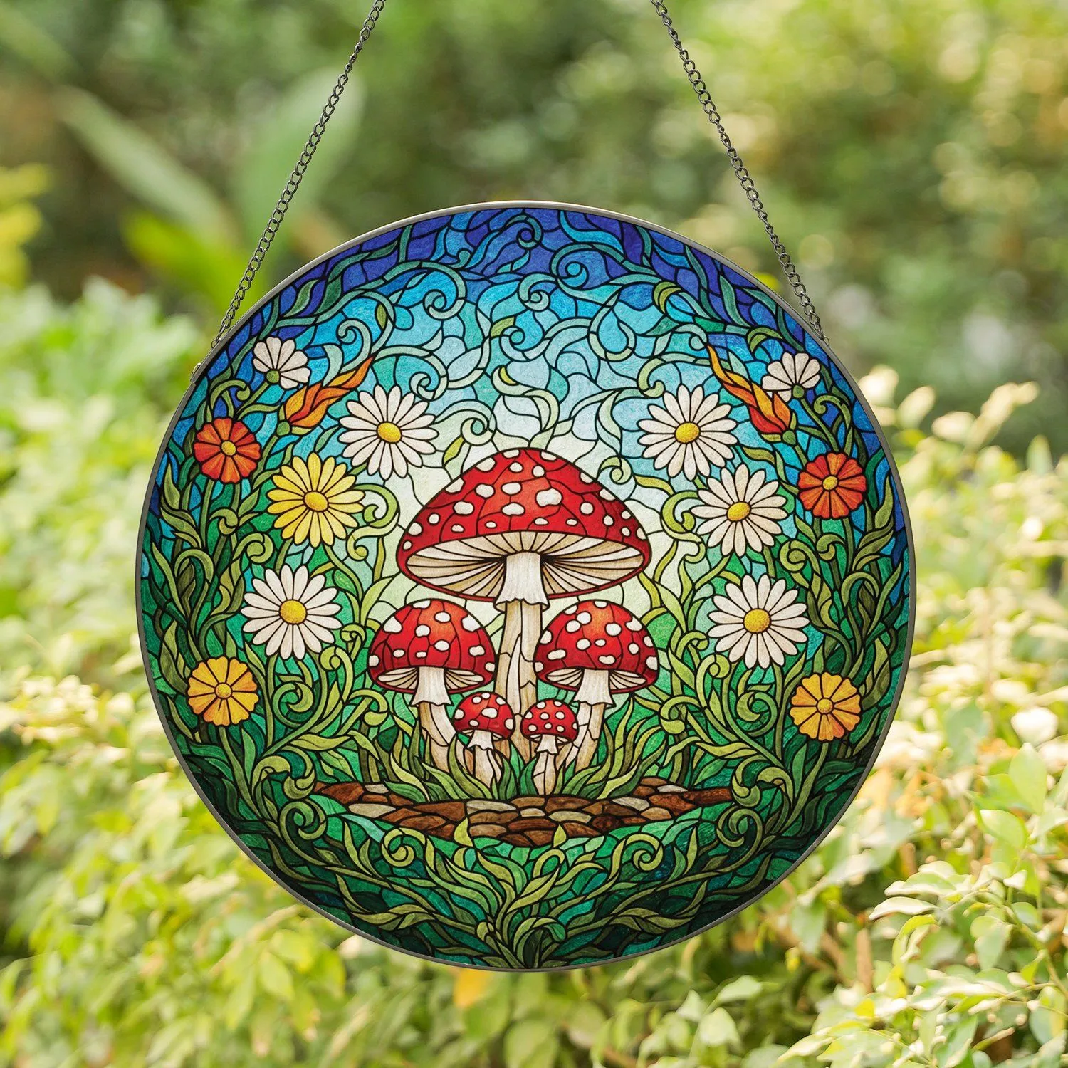 Red White Spotted Mushroom Wildflower Stained Glass Tiffany Art Glowing Jewel Tones Stained Glass Suncatcher - 1