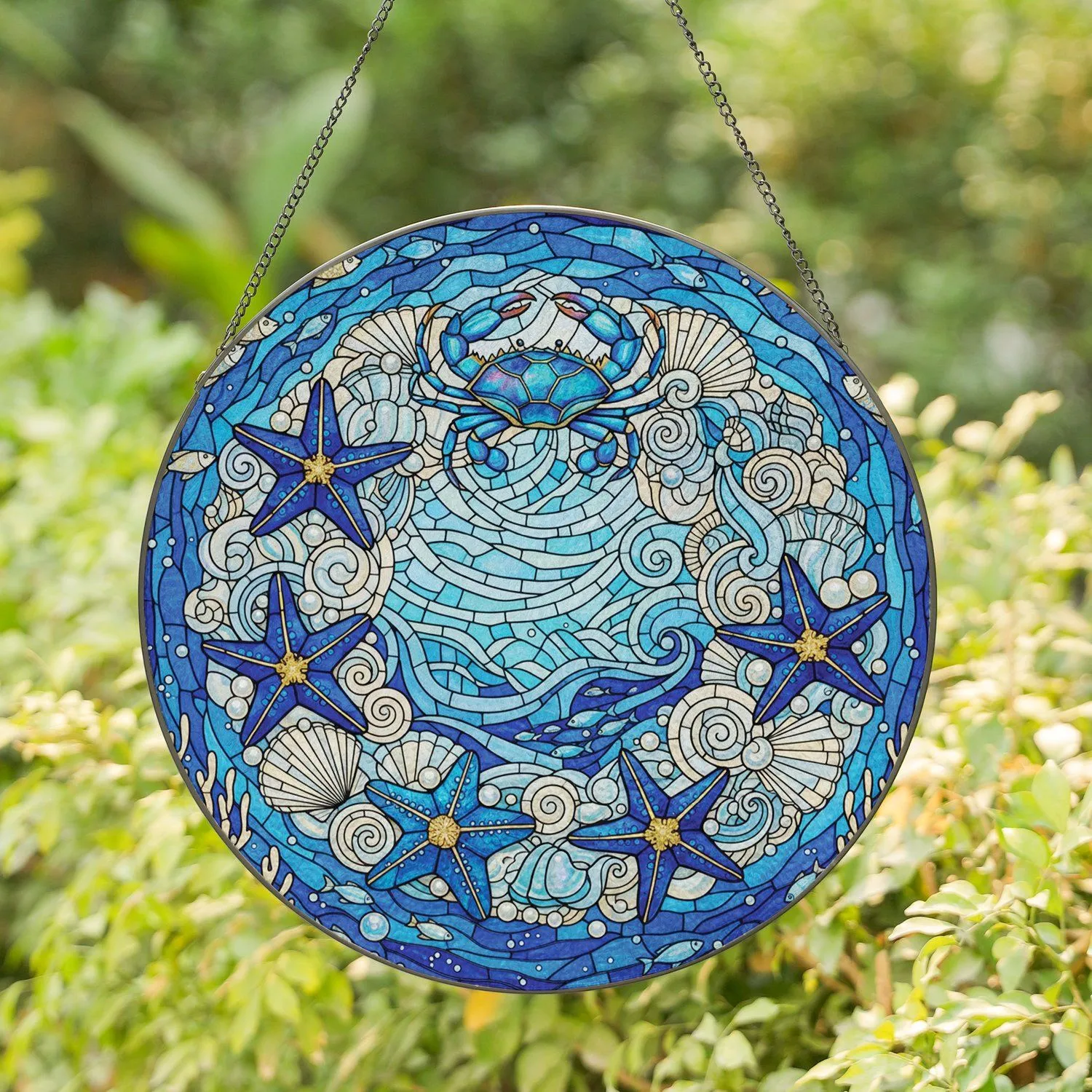 Intricate Stained Glass Marine Life Wreath Ocean Waves Coral Reefs Starfish Crab Shells Blue Gold Stained Glass Suncatcher - 1