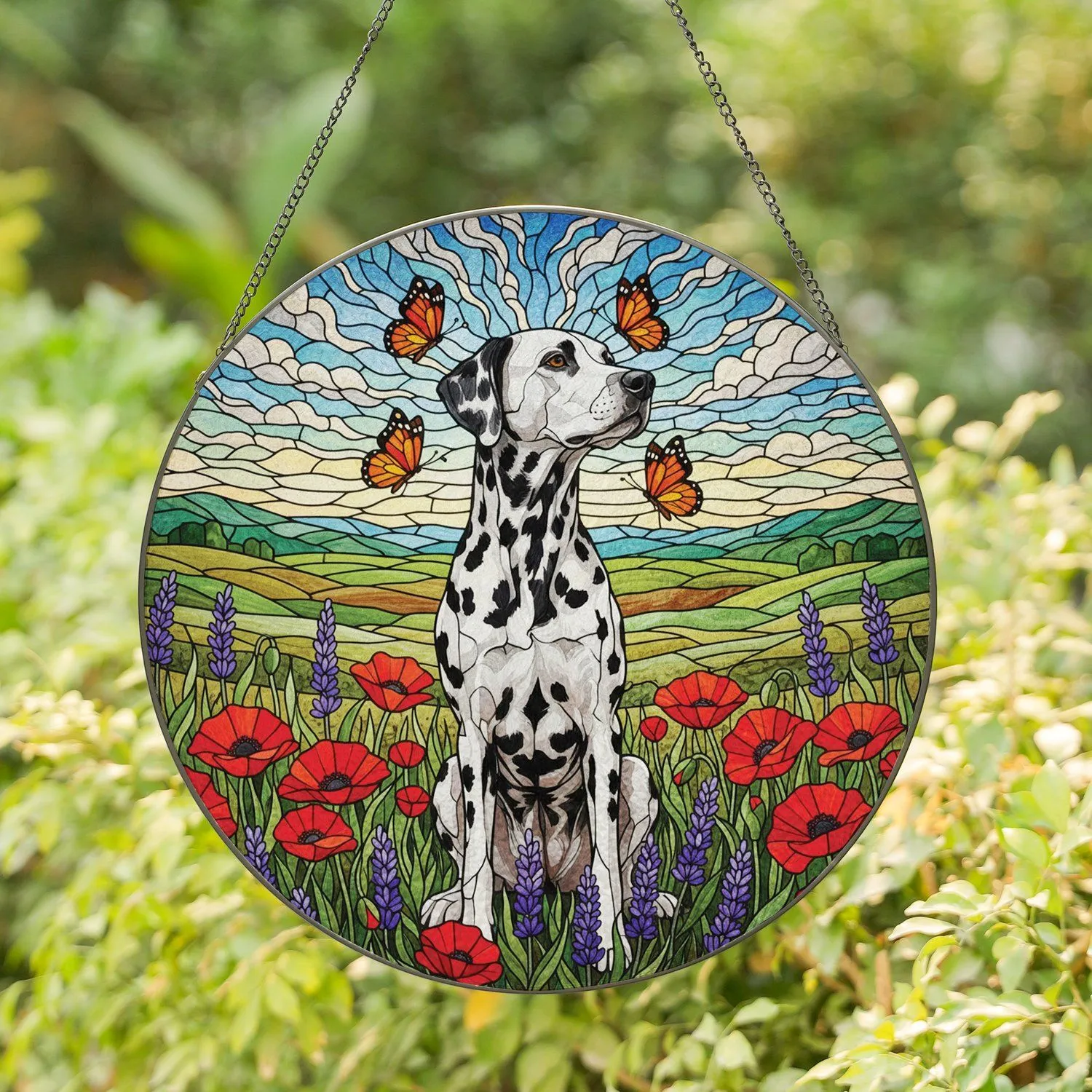 Dalmatian Dog Butterflies Wildflowers Stained Glass - Countryside Scenic Art Gift Stained Glass Suncatcher - 1