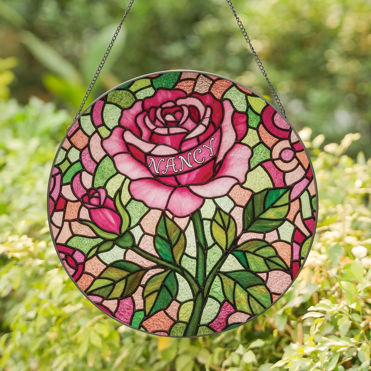 Large Pink Rose Custom Name Stained Glass Art with Bud & Leaves - Personalized Jewel Tone Floral Gift Stained Glass Suncatcher - 1