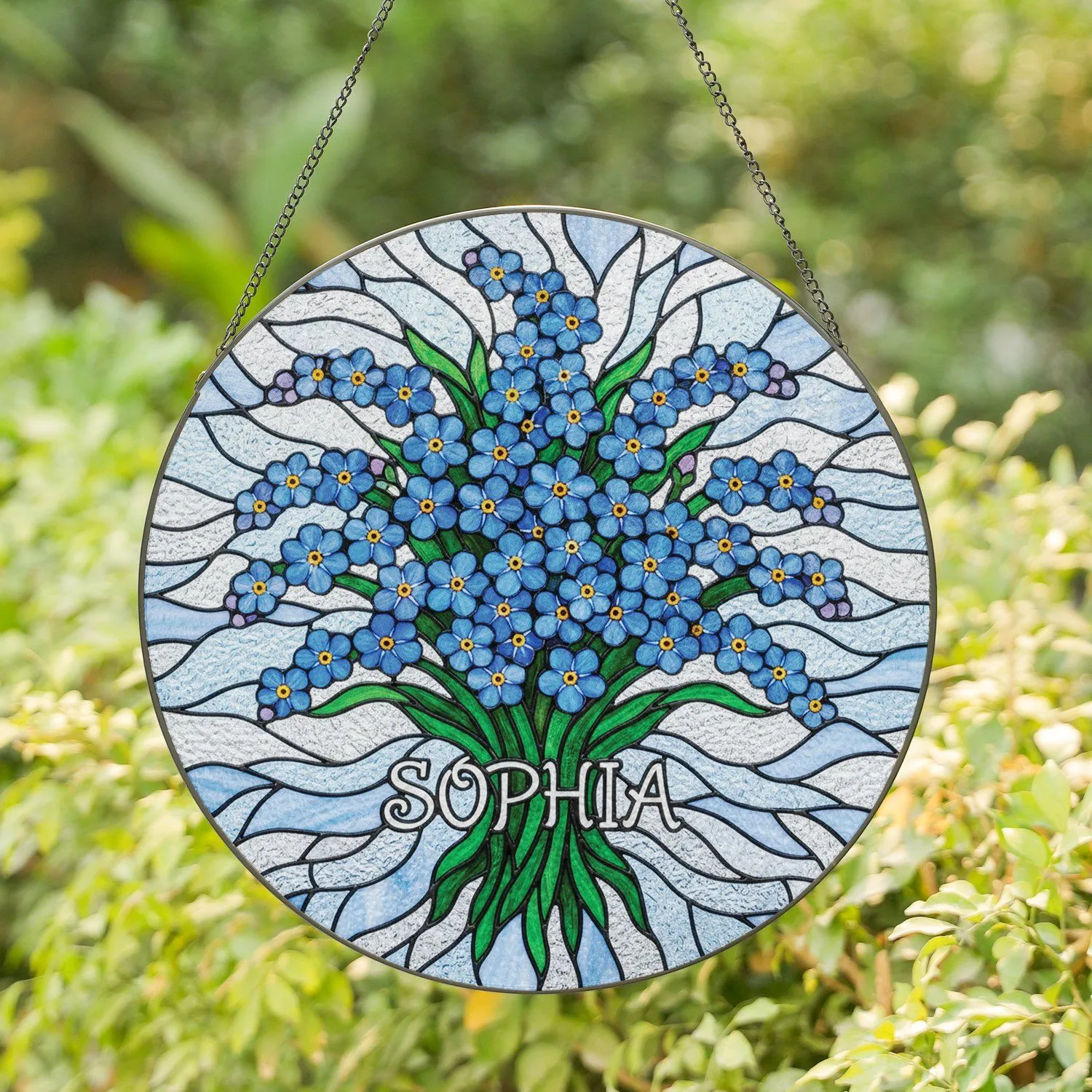 Dense Blue Forget-Me-Not Flowers Custom Name Stained Glass Tiffany Style Jewel Tones Stained Glass Suncatcher - 1