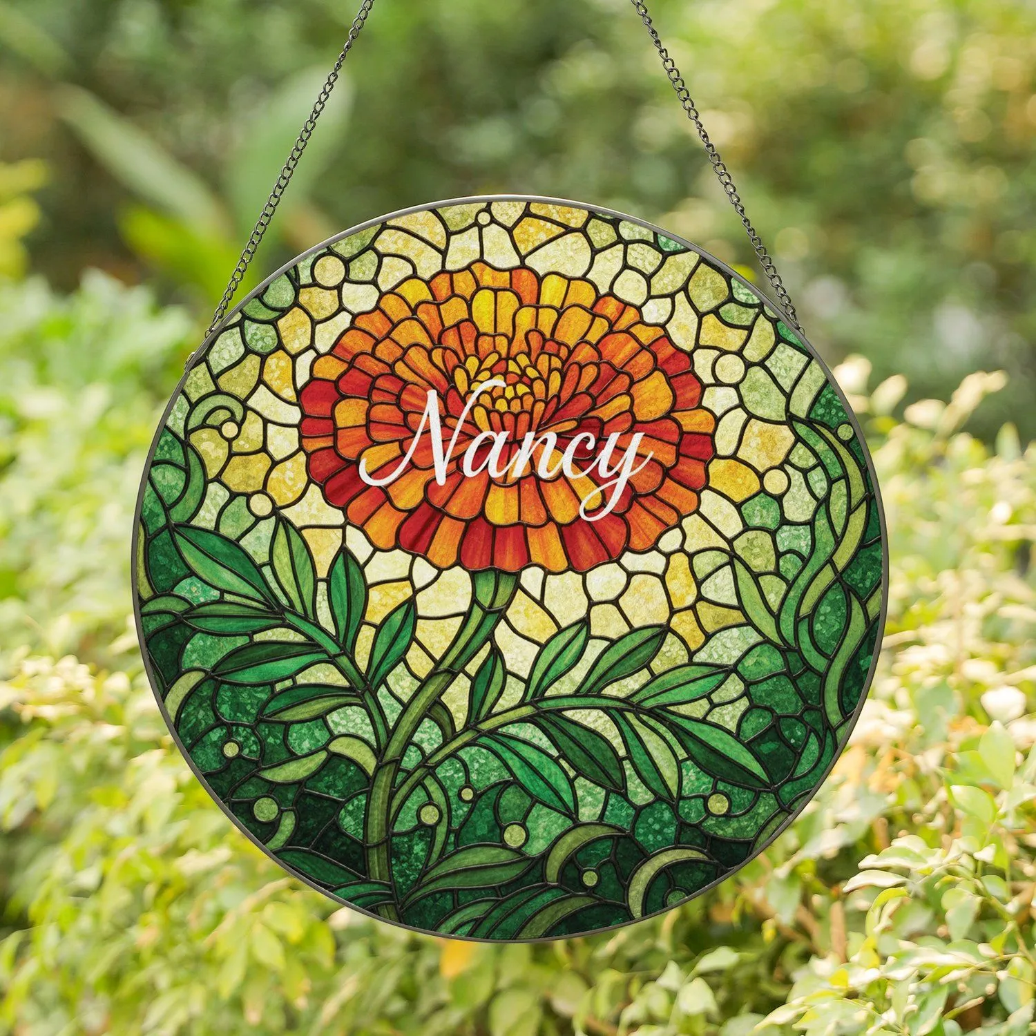 Stained Glass Marigold Flower Personalized Name - Tiffany Inspired Garden Mosaic Art Stained Glass Suncatcher - 1