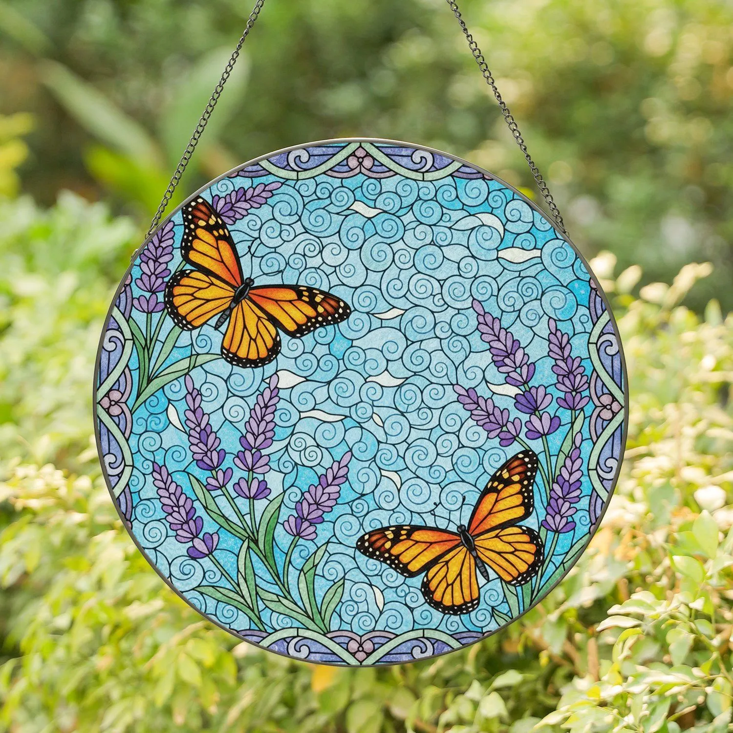 Monarch Butterflies Lavender Flowers Intricate Tiffany Glass Sky Mosaic Art Stained Glass Suncatcher - 1