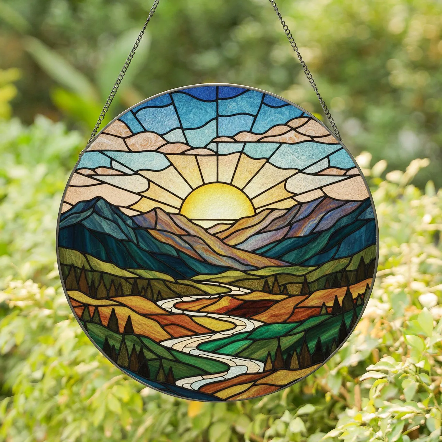 Radiant Sunset Mountain Landscape Stained Glass - Jewel Tone Peaks & Valley Decor Stained Glass Suncatcher - 1