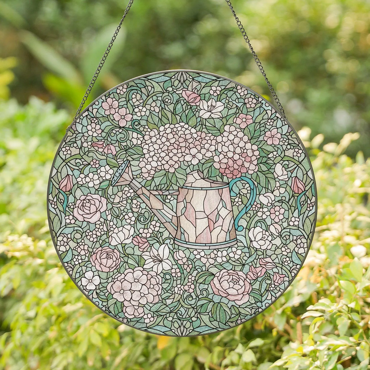 Tiffany Style Watering Can Flowers - Stained Glass Floral Bouquet Botanical Art Display Stained Glass Suncatcher - 1