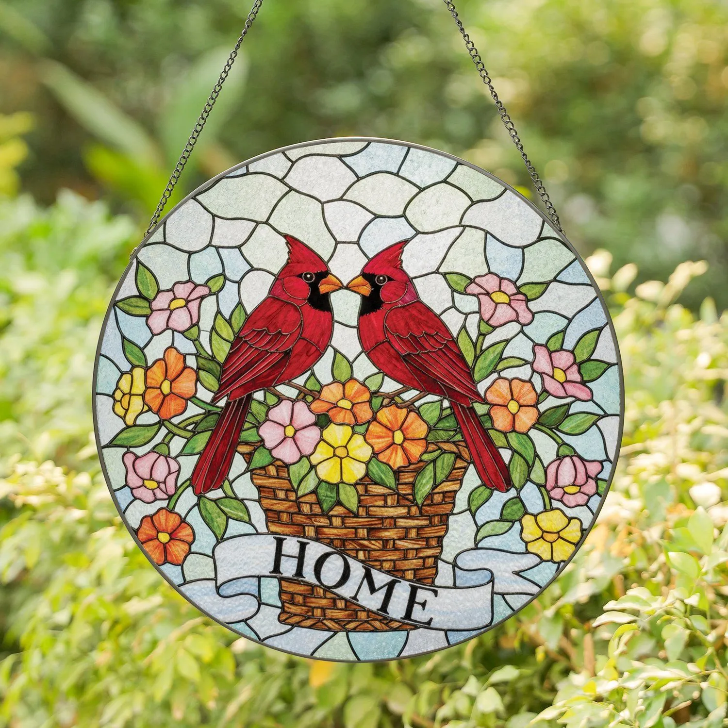 Red Cardinal Birds Blossoming Floral Basket Tiffany Stained Glass Full Frame Mosaic Stained Glass Suncatcher - 1