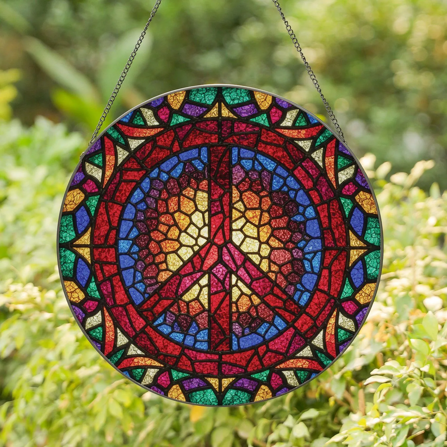 Highly Detailed Stained Glass Peace Symbol Tiffany Style - Jewel Tone Mosaic Art Stained Glass Suncatcher - 1