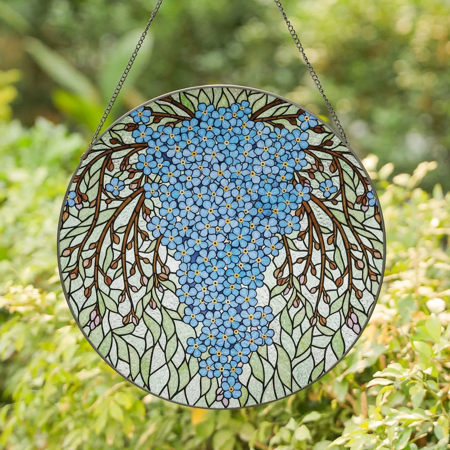 Forget-Me-Not Flowers Tiffany Stained Glass - Glowing Jewel Tone Intricate Floral Art Stained Glass Suncatcher - 1