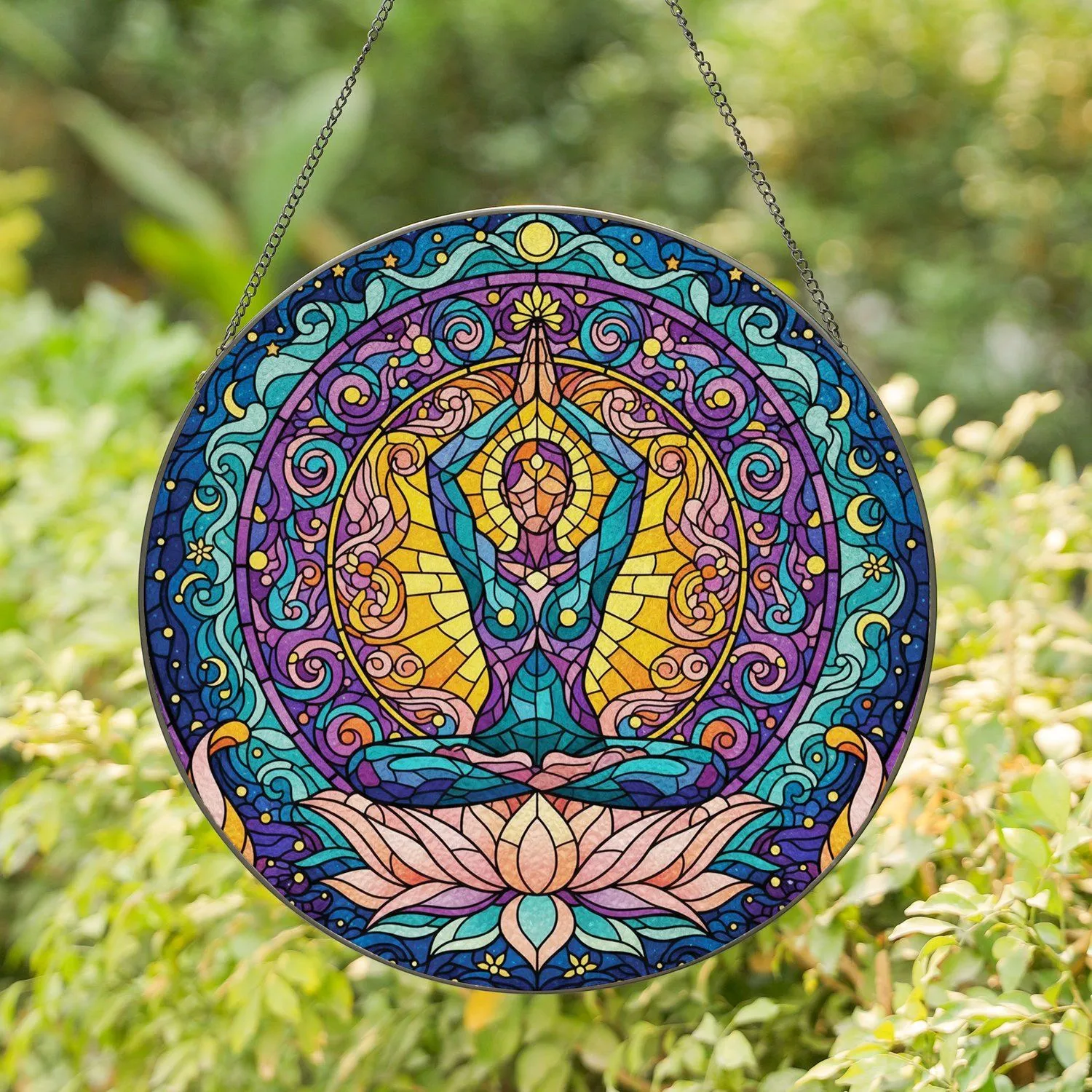 Meditative Yoga Pose Figure Lotus Flower Tiffany Stained Glass Cosmic Swirl Design Stained Glass Suncatcher - 1