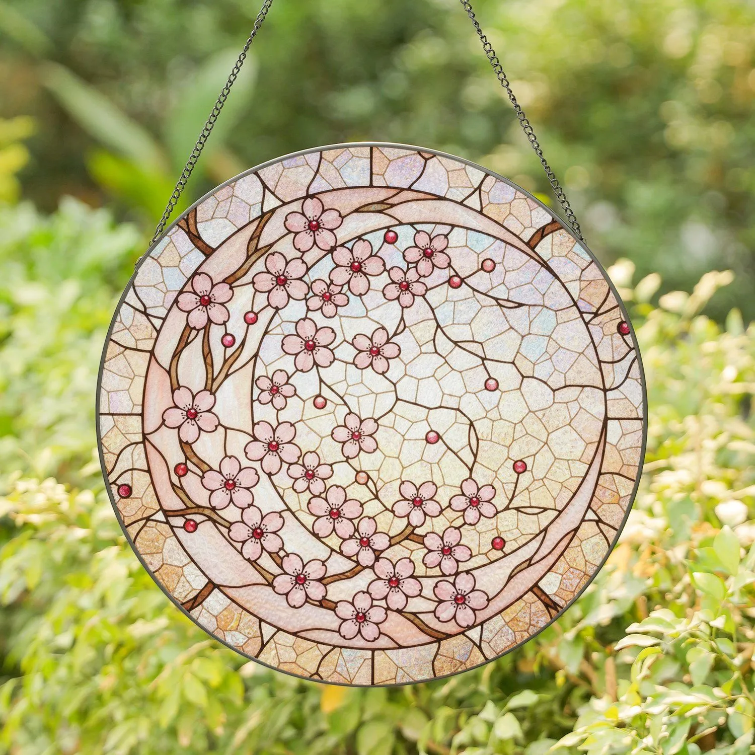 Crescent Moon Cherry Blossom Tiffany Stained Glass Luminous Iridescent Decor Stained Glass Suncatcher - 1